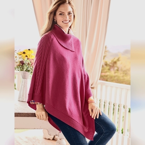 CCO 3/$20 Talbots Asymmetrical Poncho Sweater Berry Pink Cozy Cotton Blend Mediu - Picture 1 of 9